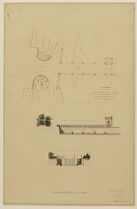 216164 Plattegronden, opstanden en doorsneden van het ontwerp voor een wachthuisje en een brug met barrière, hek en ...